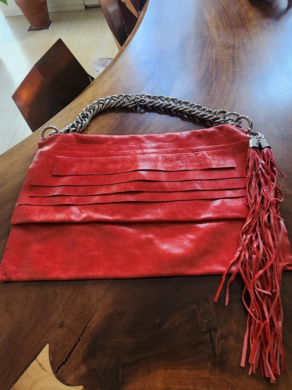 Fringed Red Leather Shoulder Bag with Silver Chain Strap